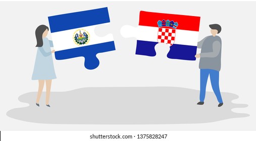 Couple holding two puzzles pieces with Salvadoran and Croatian flags. El Salvador and Croatia national symbols together.