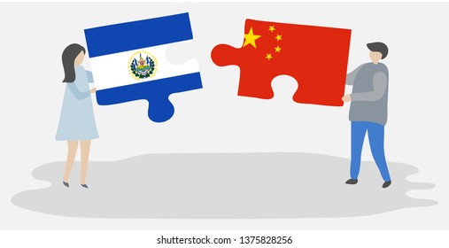 Couple holding two puzzles pieces with Salvadoran and Chinese flags. El Salvador and China national symbols together.