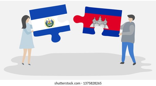 Couple holding two puzzles pieces with Salvadoran and Cambodian flags. El Salvador and Cambodia national symbols together.