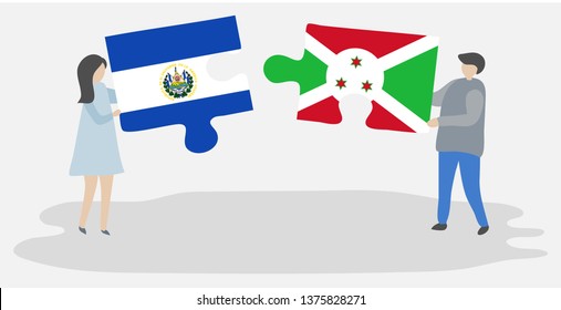 Couple holding two puzzles pieces with Salvadoran and Burundian flags. El Salvador and Burundi national symbols together.