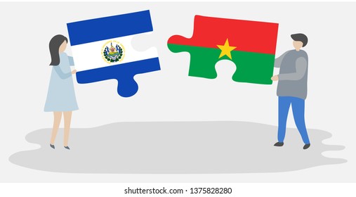 Couple holding two puzzles pieces with Salvadoran and Burkinabe flags. El Salvador and Burkina Faso national symbols together.