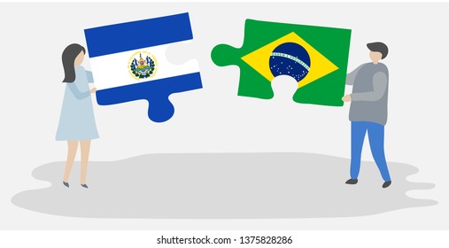 Couple holding two puzzles pieces with Salvadoran and Brazilian flags. El Salvador and Brazil national symbols together.