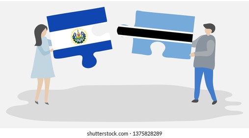 Couple holding two puzzles pieces with Salvadoran and Motswana flags. El Salvador and Botswana national symbols together.
