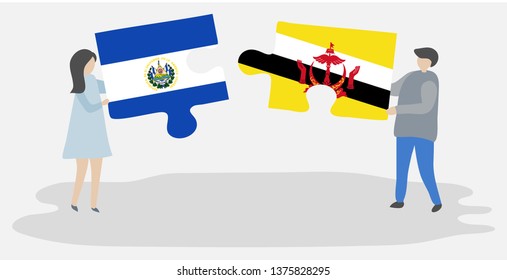 Couple holding two puzzles pieces with Salvadoran and Bruneian flags. El Salvador and Brunei national symbols together.
