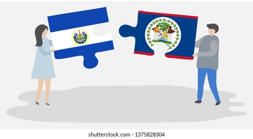 Couple holding two puzzles pieces with Salvadoran and Belizean flags. El Salvador and Belize national symbols together.