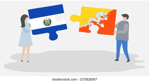 Couple holding two puzzles pieces with Salvadoran and Bhutanese flags. El Salvador and Bhutan national symbols together.