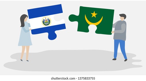 Couple holding two puzzles pieces with Salvadoran and Mauritanian flags. El Salvador and Mauritania national symbols together.