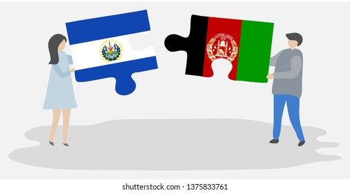 Couple holding two puzzles pieces with Salvadoran and Afghan flags. El Salvador and Afghanistan national symbols together.