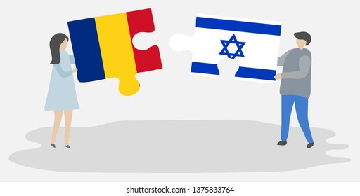 Couple holding two puzzles pieces with Romanian and Israeli flags. Romania and Israel national symbols together.