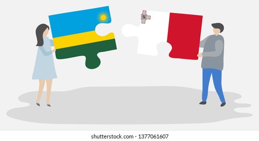 Couple holding two puzzles pieces with Rwandan and Maltese flags. Rwanda and Malta national symbols together.