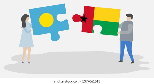 Couple holding two puzzles pieces with Palauan and Bissau-Guinean flags. Palau and Guinea-Bissau national symbols together.
