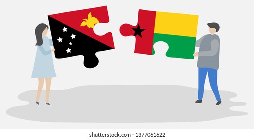 Couple holding two puzzles pieces with Papuan and Bissau-Guinean flags. Papua New Guinea and Guinea-Bissau national symbols together.