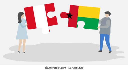 Couple holding two puzzles pieces with Peruvian and Bissau-Guinean flags. Peru and Guinea-Bissau national symbols together.