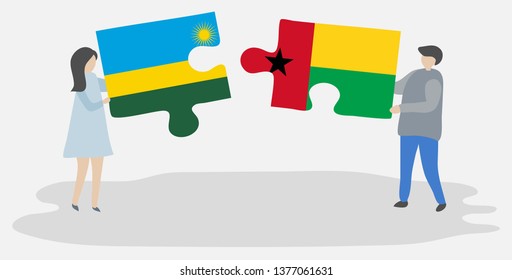 Couple holding two puzzles pieces with Rwandan and Bissau-Guinean flags. Rwanda and Guinea-Bissau national symbols together.