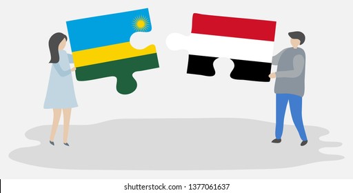 Couple holding two puzzles pieces with Rwandan and Yemeni flags. Rwanda and Yemen national symbols together.