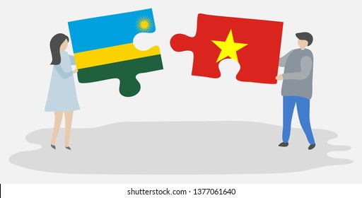 Couple holding two puzzles pieces with Rwandan and Vietnamese flags. Rwanda and Vietnam national symbols together.
