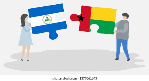 Couple holding two puzzles pieces with Nicaraguan and Bissau-Guinean flags. Nicaragua and Guinea-Bissau national symbols together.