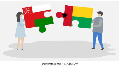 Couple holding two puzzles pieces with Omani and Bissau-Guinean flags. Oman and Guinea-Bissau national symbols together.