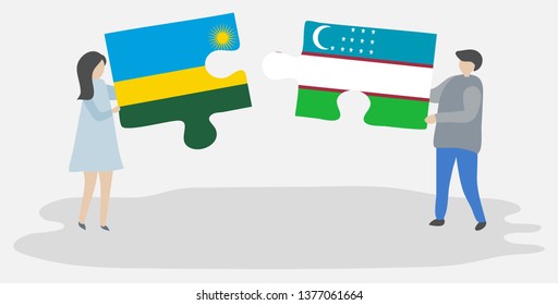 Couple holding two puzzles pieces with Rwandan and Uzbek flags. Rwanda and Uzbekistan national symbols together.