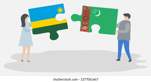 Couple holding two puzzles pieces with Rwandan and Turkmen flags. Rwanda and Turkmenistan national symbols together.