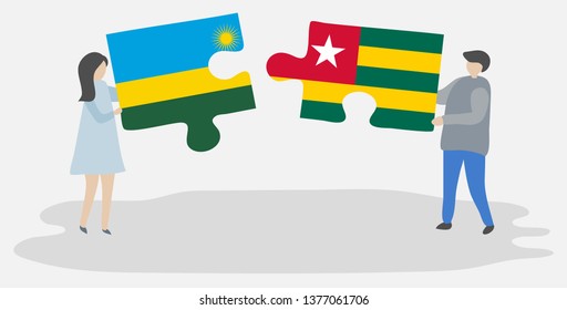 Couple holding two puzzles pieces with Rwandan and Togolese flags. Rwanda and Togo national symbols together.