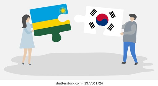 Couple holding two puzzles pieces with Rwandan and South Korean flags. Rwanda and South Korea national symbols together.