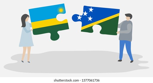 Couple holding two puzzles pieces with Rwandan and Solomon Island flags. Rwanda and Solomon Islands national symbols together.