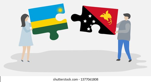 Couple holding two puzzles pieces with Rwandan and Papuan flags. Rwanda and Papua New Guinea national symbols together.