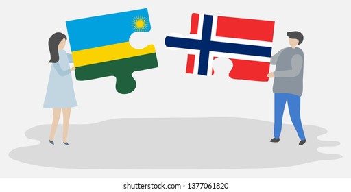 Couple holding two puzzles pieces with Rwandan and Norwegian flags. Rwanda and Norway national symbols together.