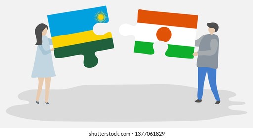 Couple holding two puzzles pieces with Rwandan and Nigerien flags. Rwanda and Niger national symbols together.