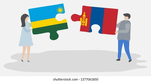 Couple holding two puzzles pieces with Rwandan and Mongolian flags. Rwanda and Mongolia national symbols together.
