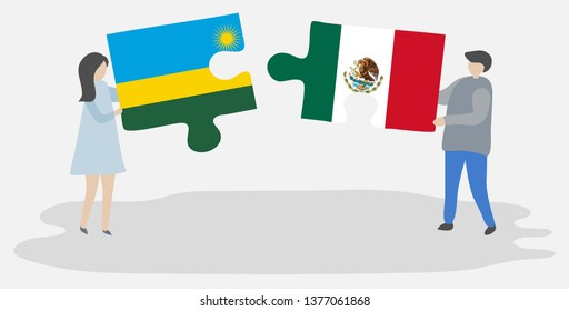 Couple holding two puzzles pieces with Rwandan and Mexican flags. Rwanda and Mexico national symbols together.