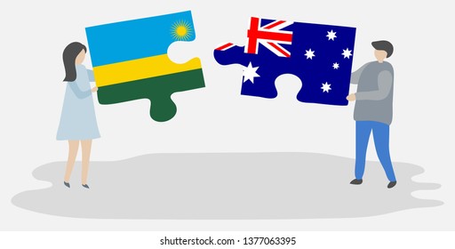 Couple holding two puzzles pieces with Rwandan and Australian flags. Rwanda and Australia national symbols together.