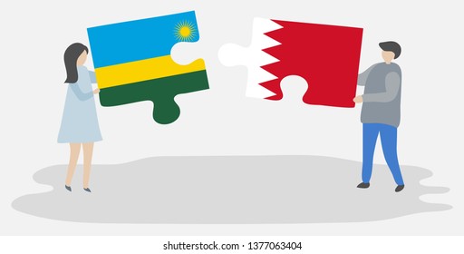 Couple holding two puzzles pieces with Rwandan and Bahraini flags. Rwanda and Bahrain national symbols together.