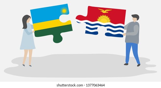 Couple holding two puzzles pieces with Rwandan and I-Kiribati flags. Rwanda and Kiribati national symbols together.