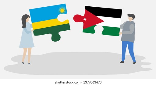 Couple holding two puzzles pieces with Rwandan and Jordanian flags. Rwanda and Jordan national symbols together.