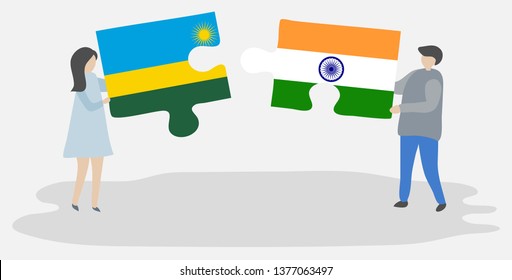 Couple holding two puzzles pieces with Rwandan and Indian flags. Rwanda and India national symbols together.