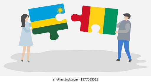 Couple holding two puzzles pieces with Rwandan and Guinean flags. Rwanda and Guinea national symbols together.