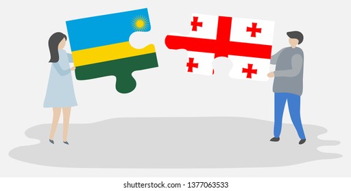 Couple holding two puzzles pieces with Rwandan and Georgian flags. Rwanda and Georgia national symbols together.