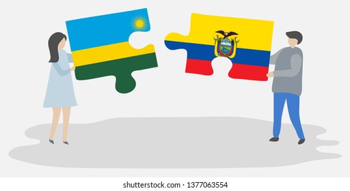 Couple holding two puzzles pieces with Rwandan and Ecuadorian flags. Rwanda and Ecuador national symbols together.