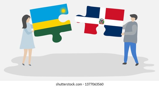 Couple holding two puzzles pieces with Rwandan and Dominican flags. Rwanda and Dominican Republic national symbols together.