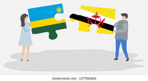 Couple holding two puzzles pieces with Rwandan and Bruneian flags. Rwanda and Brunei national symbols together.