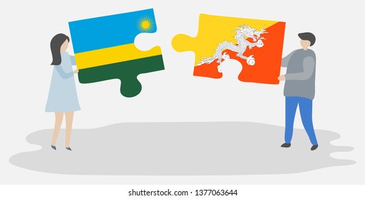 Couple holding two puzzles pieces with Rwandan and Bhutanese flags. Rwanda and Bhutan national symbols together.