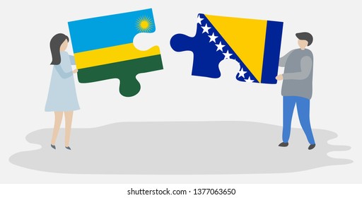 Couple holding two puzzles pieces with Rwandan and Bosnian flags. Rwanda and Bosnia and Herzegovina national symbols together.