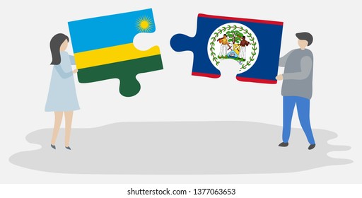 Couple holding two puzzles pieces with Rwandan and Belizean flags. Rwanda and Belize national symbols together.