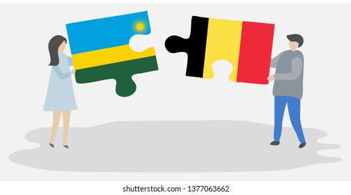 Couple holding two puzzles pieces with Rwandan and Belgian flags. Rwanda and Belgium national symbols together.