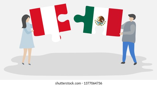 Couple holding two puzzles pieces with Peruvian and Mexican flags. Peru and Mexico national symbols together.