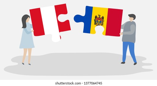 Couple holding two puzzles pieces with Peruvian and Moldovan flags. Peru and Moldova national symbols together.