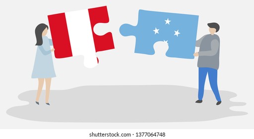 Couple holding two puzzles pieces with Peruvian and Micronesian flags. Peru and Micronesia national symbols together.