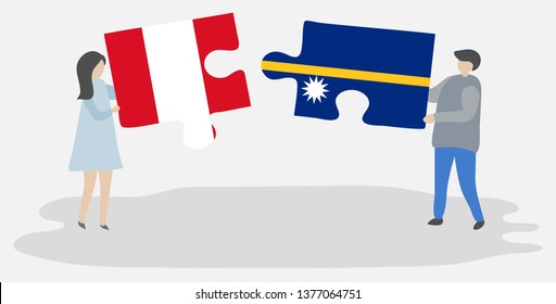 Couple holding two puzzles pieces with Peruvian and Nauruan flags. Peru and Nauru national symbols together.
